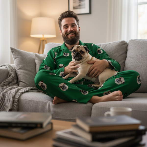Man in green pajamas with a dog on a couch in a cozy living room.