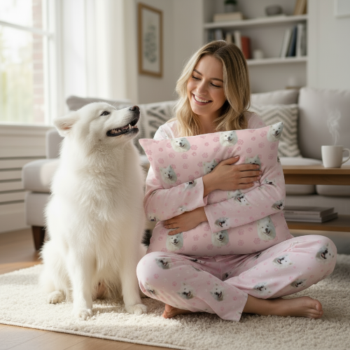 Woman in pink pajamas holding a floral pillow sitting on the floor with a white dog.