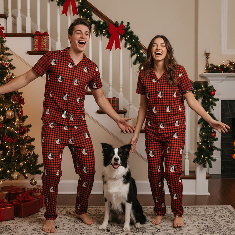 Custom Pet Face Short Sleeve Pajama & Pants / xm-Buffalo-Plaid