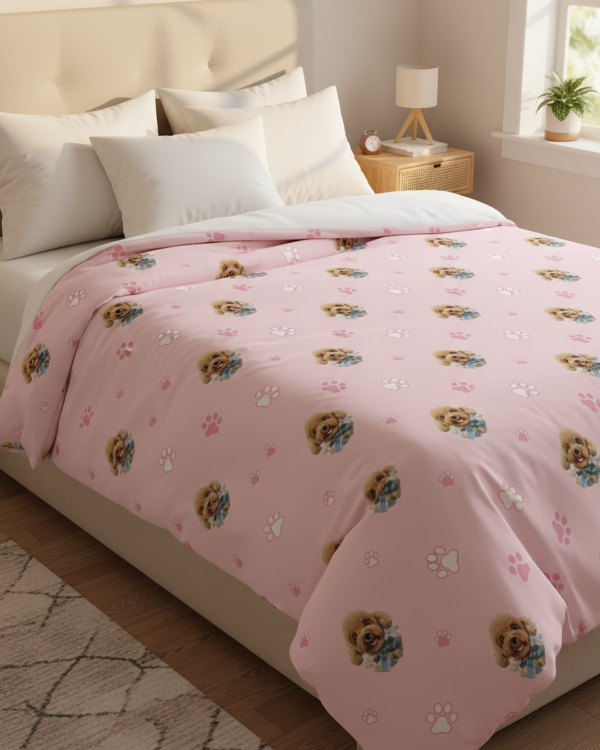 Pink bedspread with dog pattern on a bed in a bedroom