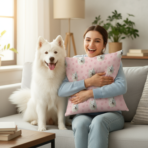 Woman holding a pink pillow with dog illustrations, sitting on a couch next to a white dog.