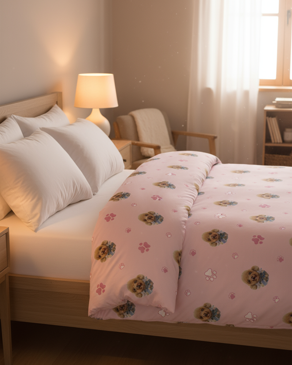 Bed with floral patterned comforter in a cozy bedroom setting