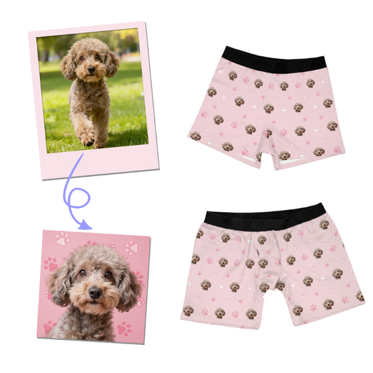 Pink boxer briefs with dog pattern next to a photo of a dog outdoors.