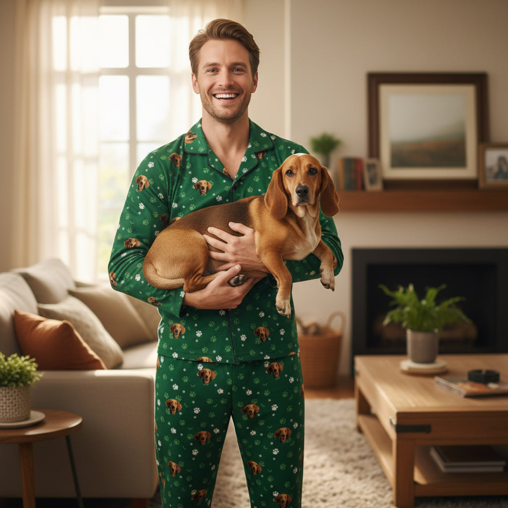 Man wearing green pajamas with dog patterns holding a small brown dog in a living room.