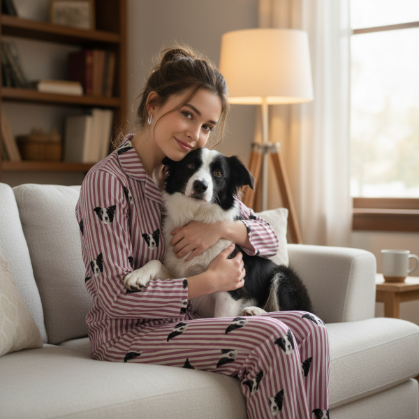 Woman in pink pajamas with a dog on a couch in a cozy living room.