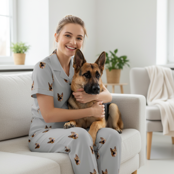 Woman in matching pajama set with a dog sitting on a couch in a bright living room.