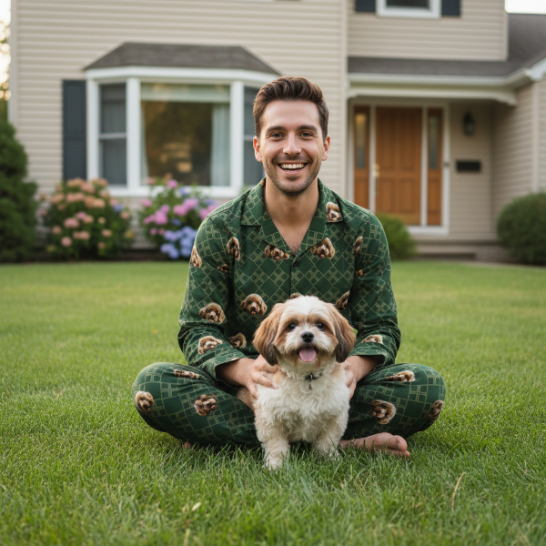 Man sitting on grass with a dog wearing matching green pajamas in front of a house.