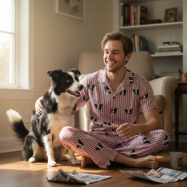 Man in pajamas sitting on the floor with a dog in a cozy living room.