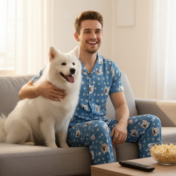 Man in blue pajamas with dog sitting on a couch in a cozy living room.