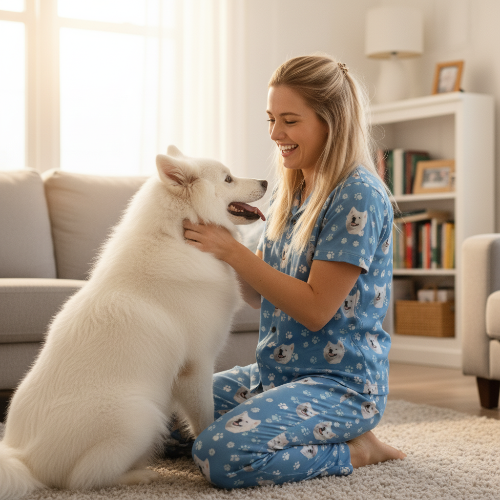 Woman in blue pajamas with a white dog in a living room
