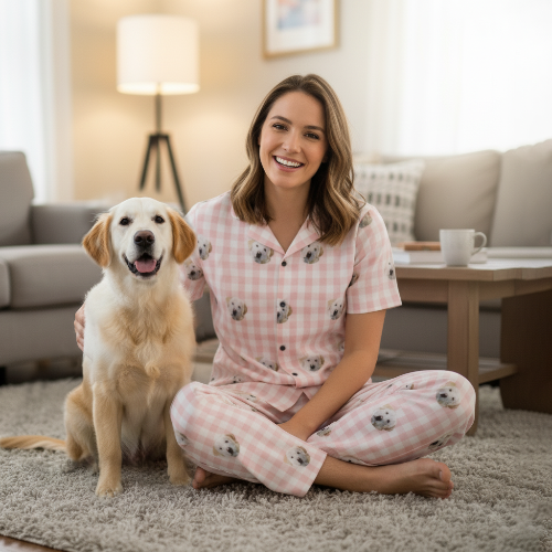 Woman in pink pajamas with dog sitting on floor in living room