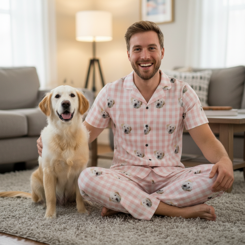 Man in pink checkered pajamas with dog sitting on a carpeted floor in a living room.