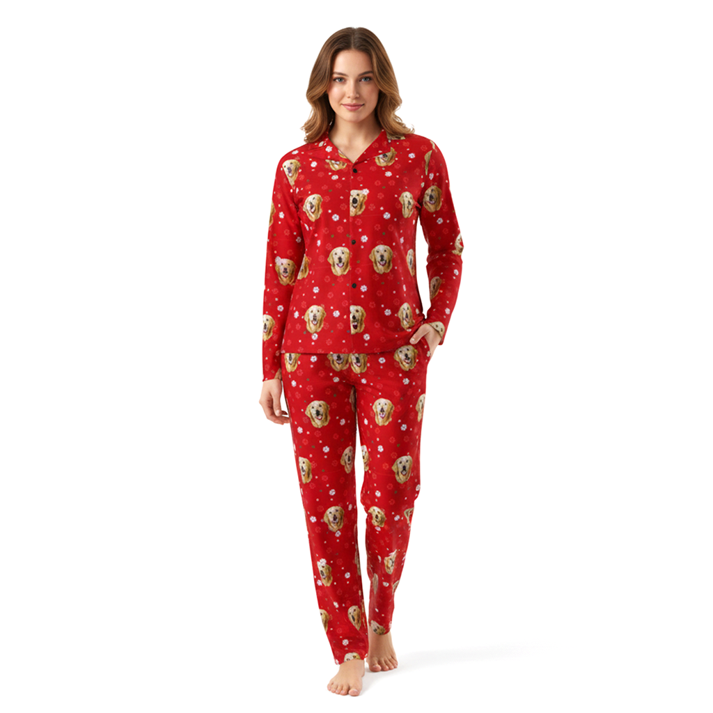 Red pajamas with Pet Face and pawz pattern