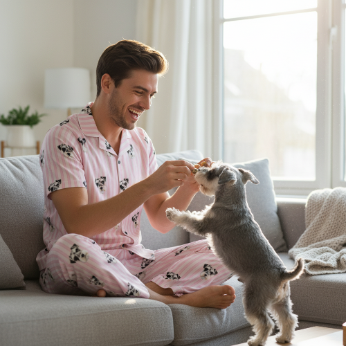 Man in pink pajamas sitting on a couch with a small dog in a bright living room.