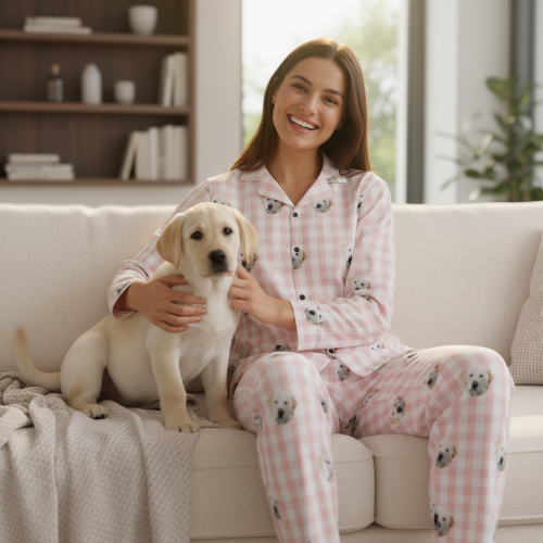 Woman in pink checkered pajamas with a dog on a couch in a cozy living room.