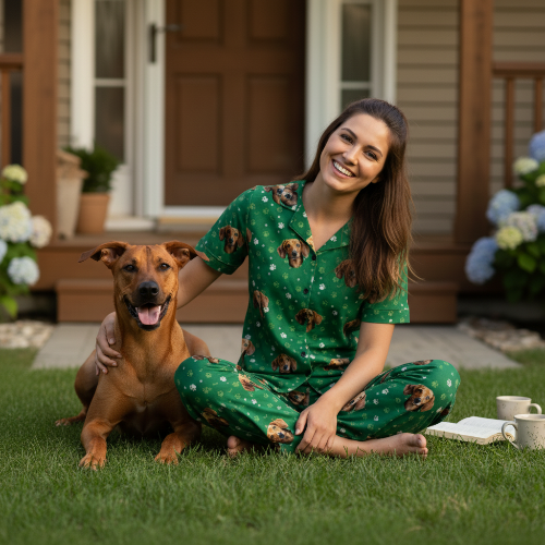 Woman in green pajamas with dog sitting on grass