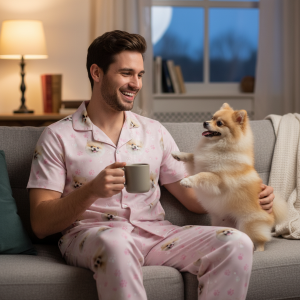 Man in pink pajamas with a dog on a couch holding a mug
