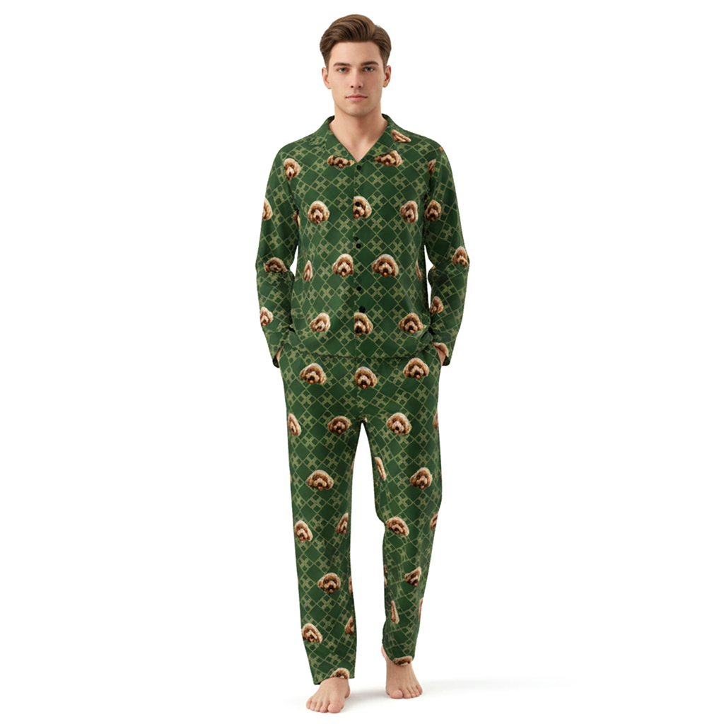 Man wearing a green pajama set with sloth pattern on a white background