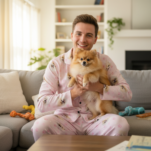 Man in pink pajamas holding a small dog in a living room.