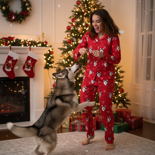 Woman in red pajamas with a dog in a festive room with Christmas decorations.