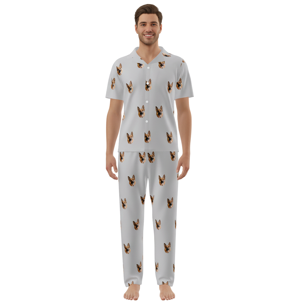 Man wearing a light gray pajama set with dog pattern on a white background
