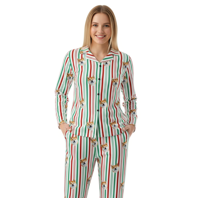 Woman wearing a festive pajama set with red, green, and white stripes and Pet Face