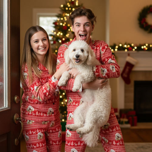 Two people in red pajamas with a dog, all smiling, in a festive room with a Christmas tree and stockings.
