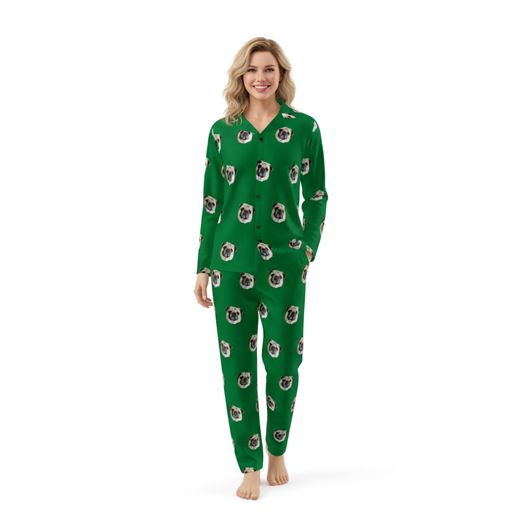 Woman wearing a green pajama set with dog pattern on a white background