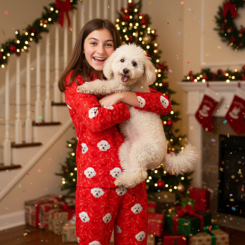 Woman in red pajamas holding a white dog in a festive room with Christmas decorations.