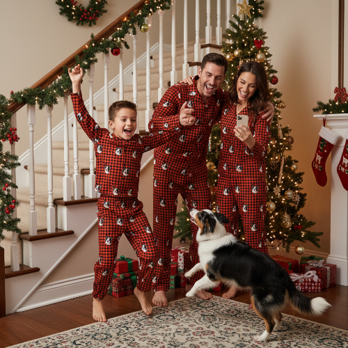 Family in matching red pajamas with a dog in a decorated living room during Christmas.