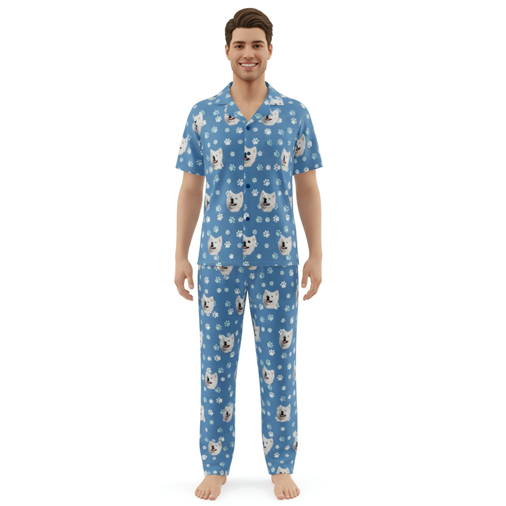 Man wearing a blue pajama set with animal pattern on a white background