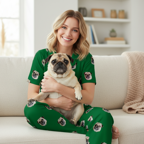 Woman wearing green pajamas with pug prints, holding a pug, sitting on a couch in a cozy living room.