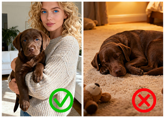 Woman holding a puppy with a green checkmark and an adult chocolate Labrador lying on the floor with a red cross.