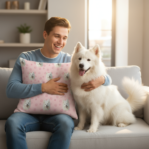 Man sitting on a couch with a white dog and a pillow featuring dog illustrations