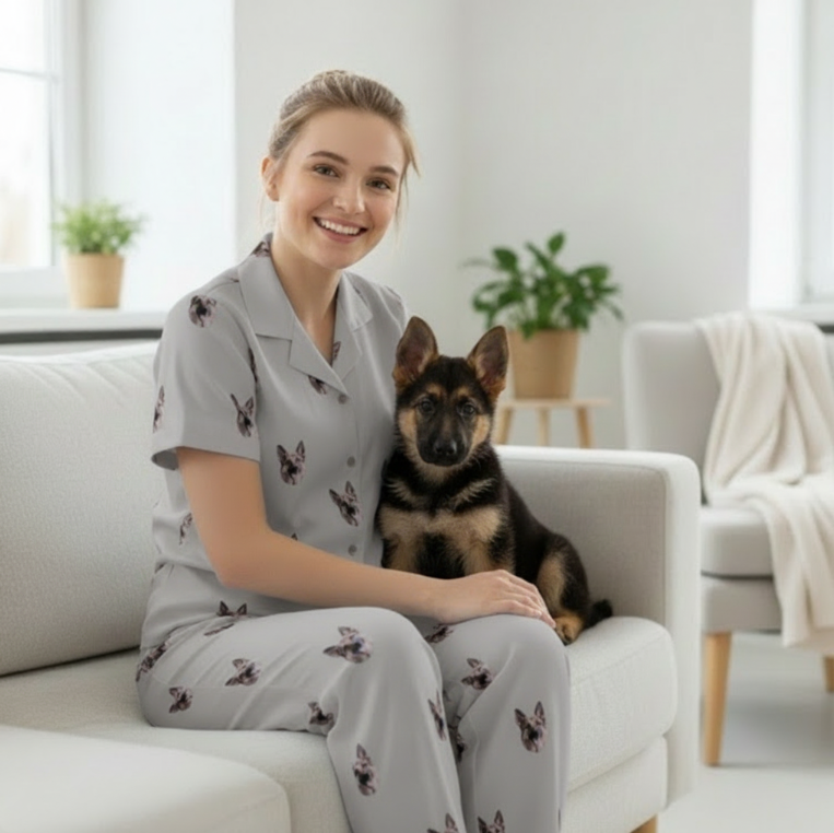 Custom Pet Face Short Sleeve Pajama & Pants / Gray
