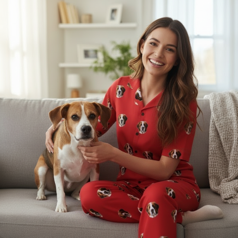 Custom Pet Face Short Sleeve Pajama & Pants / Red