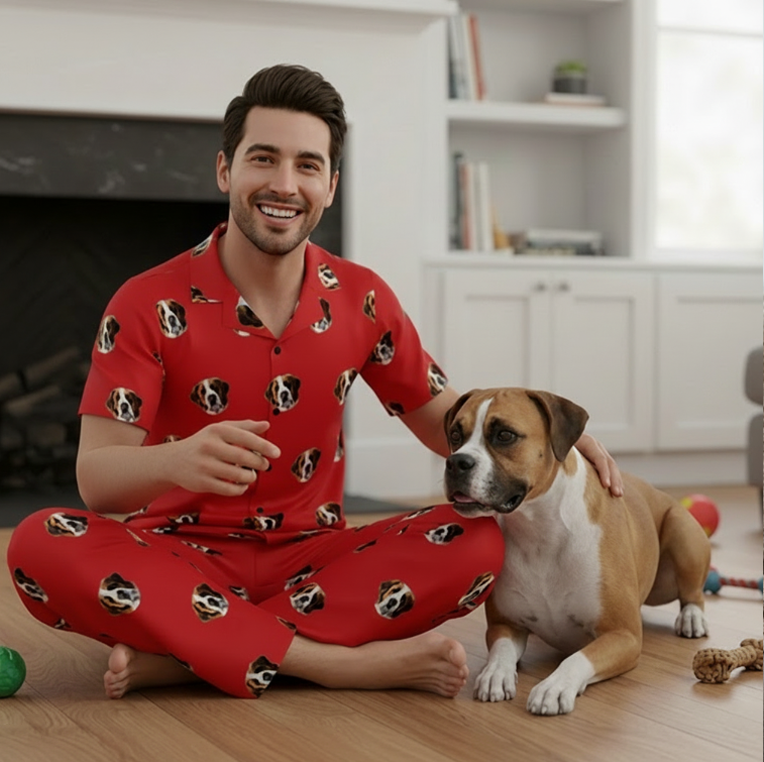 Custom Pet Face Short Sleeve Pajama & Pants / Red