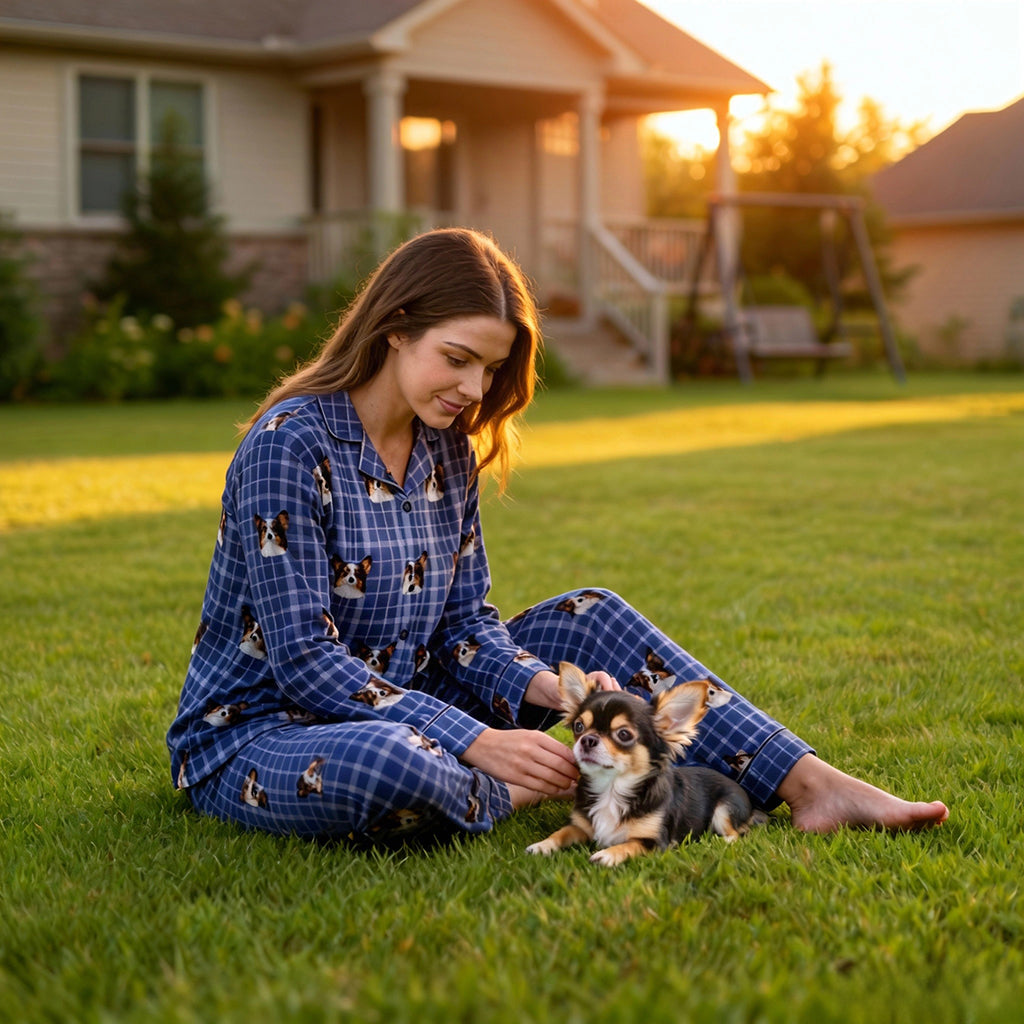 Custom Pet Face Pajama,Woman in blue pajamas with dog pattern sitting on grass with a small dog.