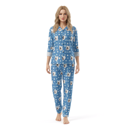 blue pajamas with Pet Face and pawz pattern