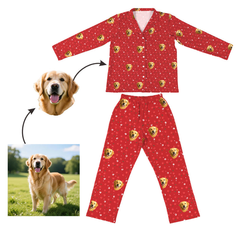 Custom Pet Face Pajama,Red pajama set with dog pattern and a golden retriever on a white background