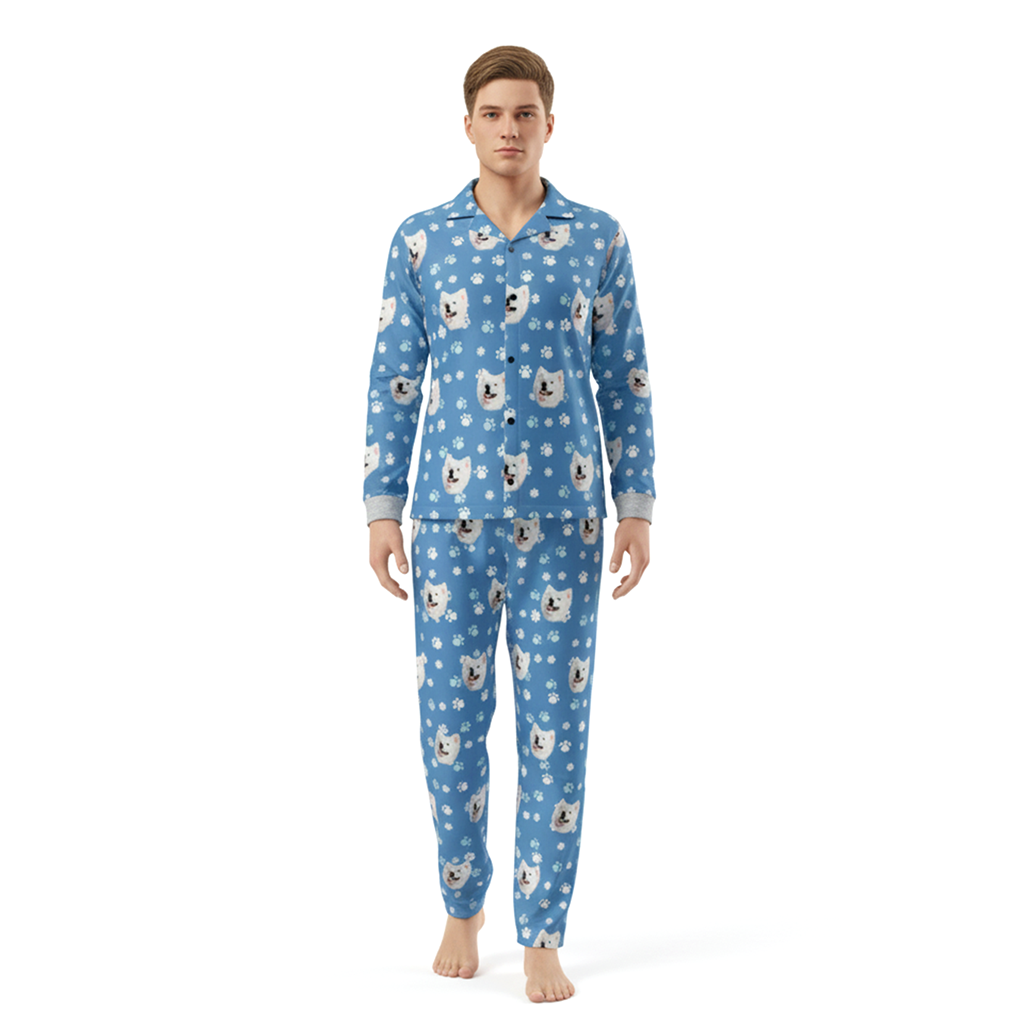 blue pajamas with Pet Face and pawz pattern