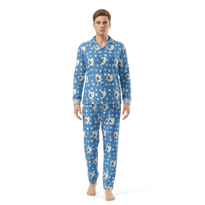 blue pajamas with Pet Face and pawz pattern