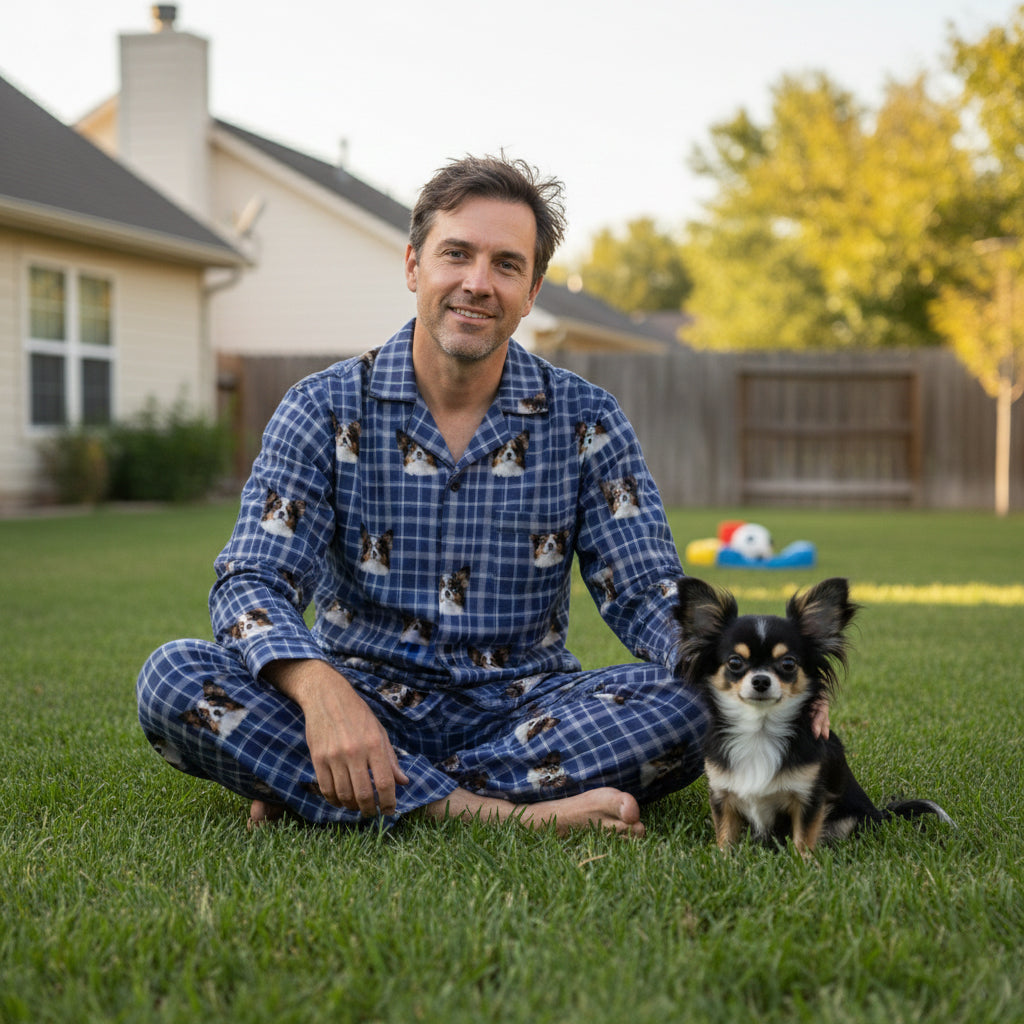 Custom Pet Face Long Sleeve Pajama,Man in blue pajamas with dog pattern sitting on grass with a small dog.