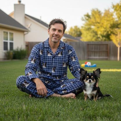 Custom Pet Face Long Sleeve Pajama,Man in blue pajamas with dog pattern sitting on grass with a small dog.