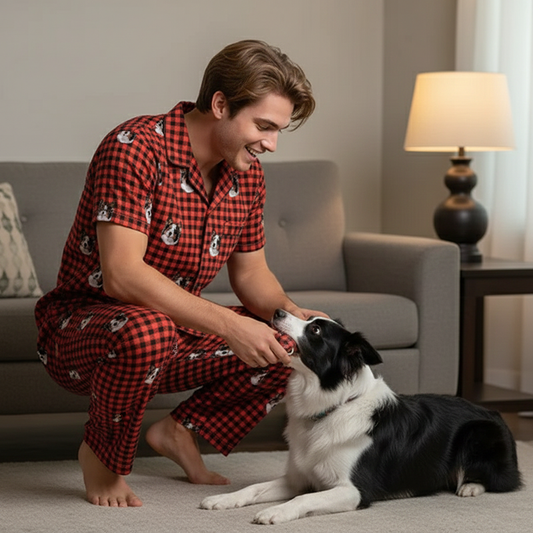 Custom_Pet_Face_Pajama_xm_Buffalo_Plaid_Man in red checkered pajamas playing with a black and white dog in a living room.