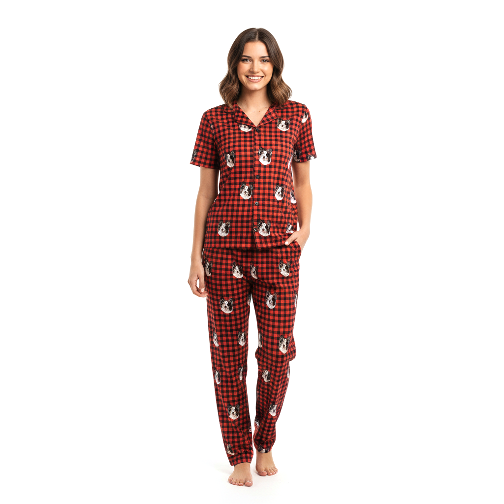 Custom Pet Face Short Sleeve Pajama & Pants / xm-Buffalo-Plaid