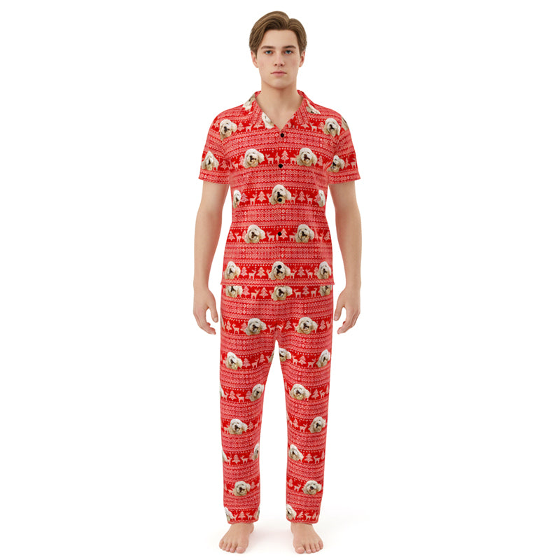 Custom_Pet_Face_Pajama_xm_Fair_Isle_Person wearing a red pajama set with animal pattern on a white background