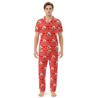 Custom_Pet_Face_Pajama_xm_Fair_Isle_Person wearing a red pajama set with animal pattern on a white background