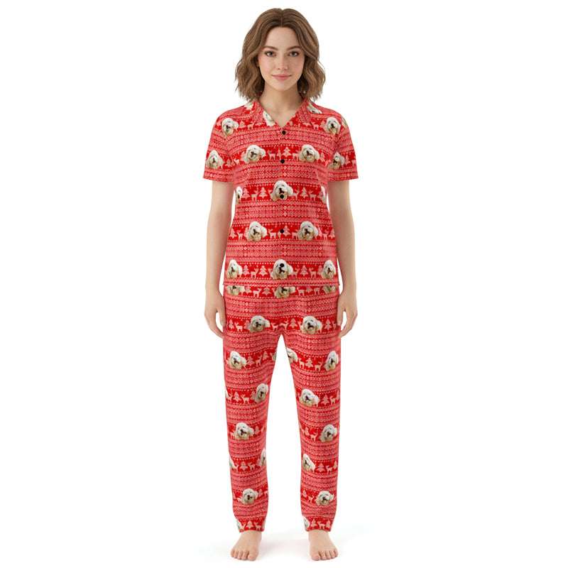 Custom_Pet_Face_Pajama_xm_Fair_Isle_Woman wearing a red pajama set with a bear pattern on a white background