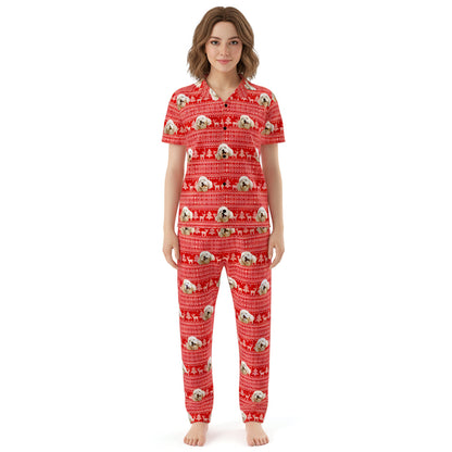 Custom_Pet_Face_Pajama_xm_Fair_Isle_Woman wearing a red pajama set with a bear pattern on a white background